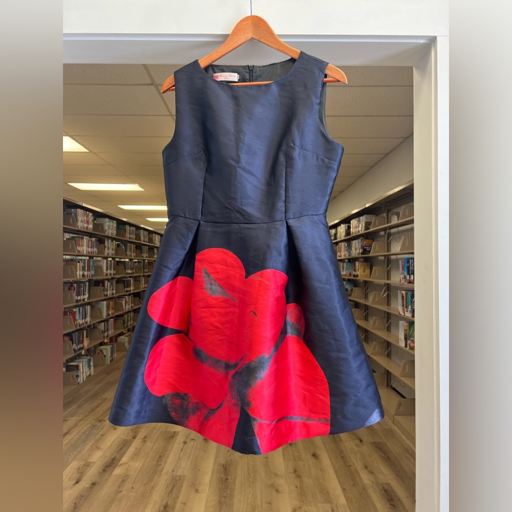 B&A navy dress with red flower, size L